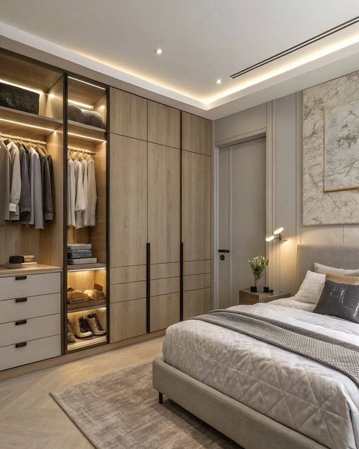 Modern small bedroom with built-in wardrobe, warm lighting, minimalist design, and space-saving storage ideas