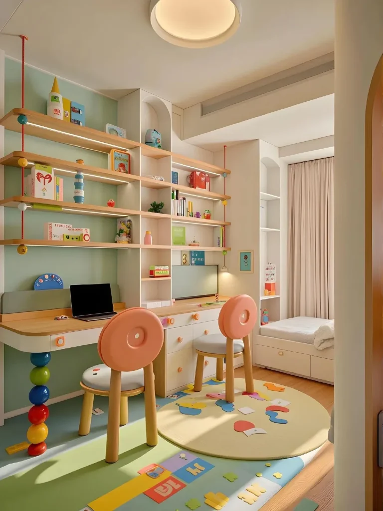 Soft pastel kids' room with sage green walls