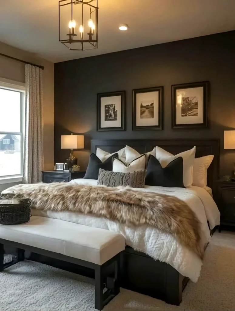 warm cozy bedroom with charcoal black accent wall,