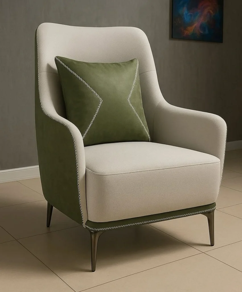 Cream and sage green two-tone high-back wingback bedroom accent chair