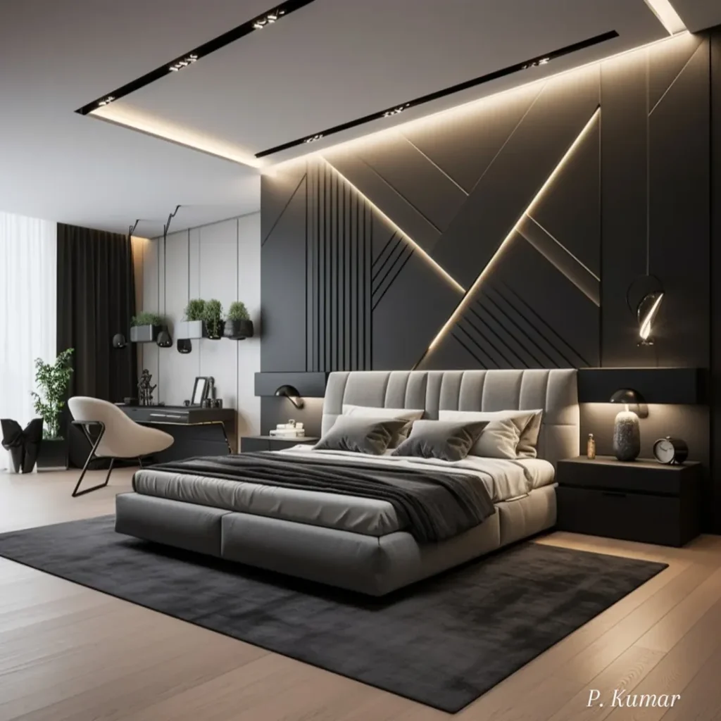  Dramatic modern bedroom with geometric backlit charcoal accent wall