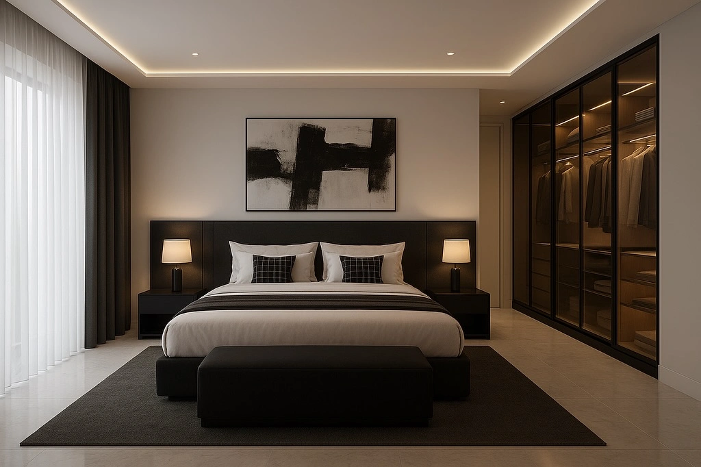 Minimalist modern bedroom with warm neutral walls