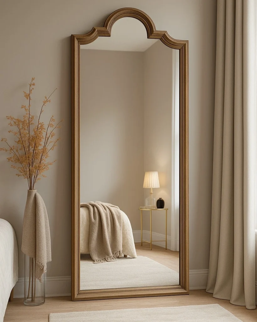 Ornate carved honey wood full-length mirror with crown arch detail in bedroom