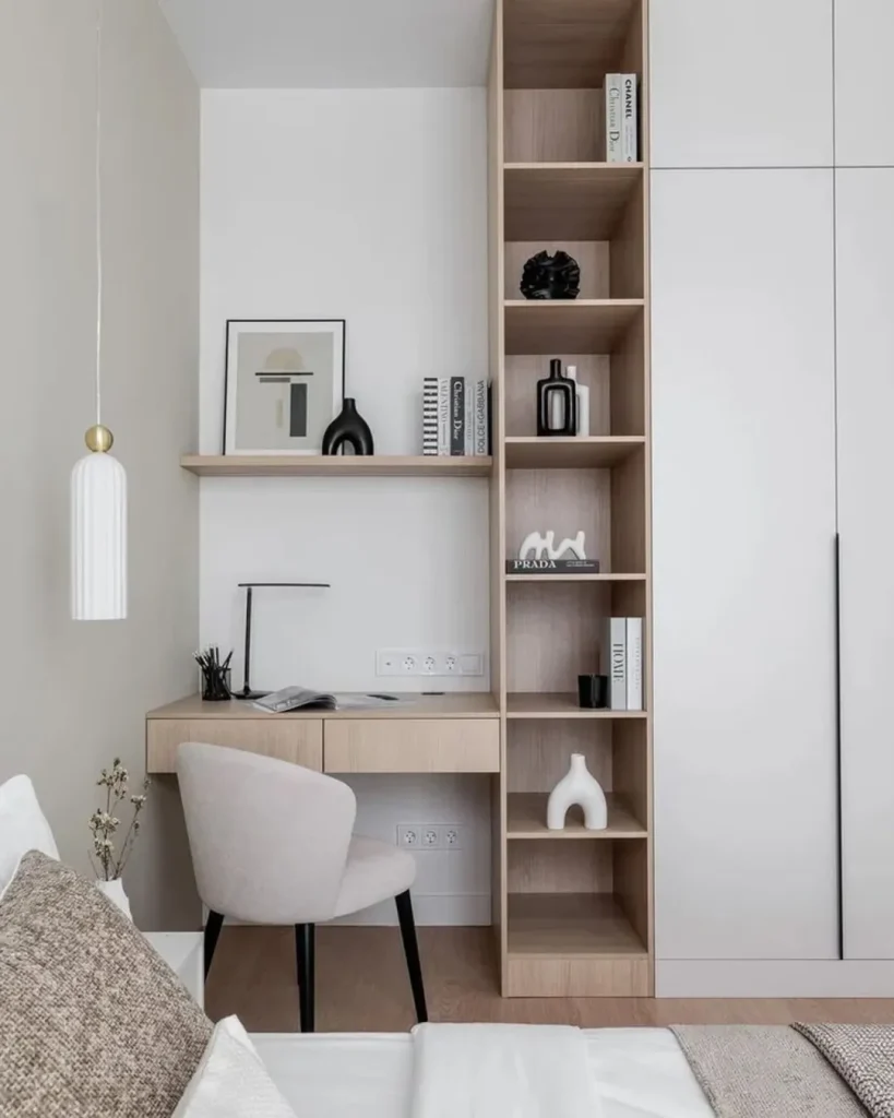 Minimalist bedroom study nook with oak floating desk