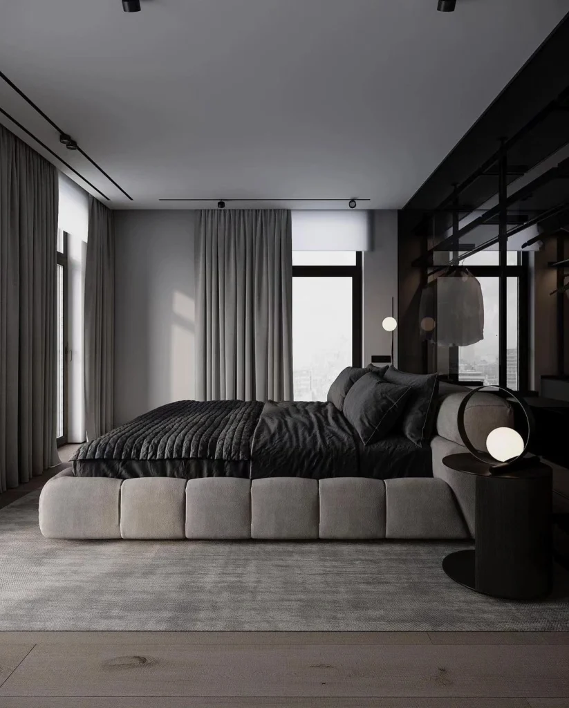 Moody grey bedroom with low boucle bed frame