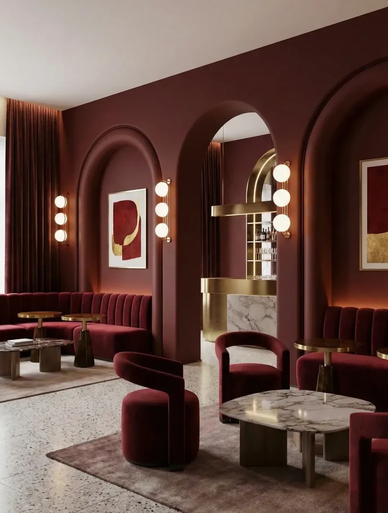 Drenched in burgundy lounge design with arched walls velvet seating and gold globe lights