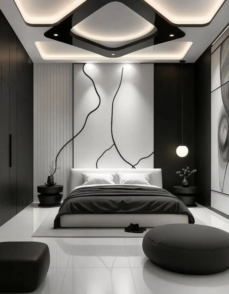 Warm cozy bedroom with charcoal black accent wall