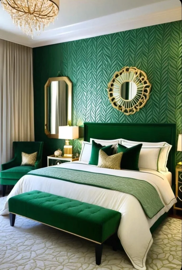 Enchanting emerald bedroom with botanical leaf wallpaper accent wall