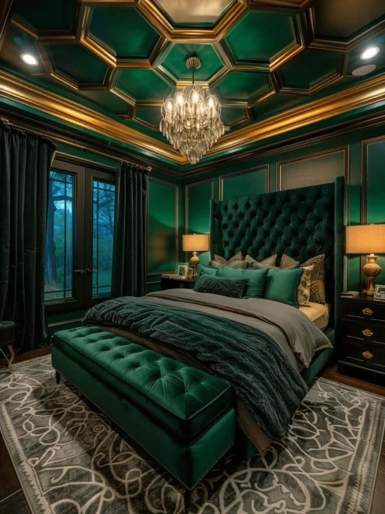 Gothic maximalist emerald bedroom with coffered green and gold geometric ceiling