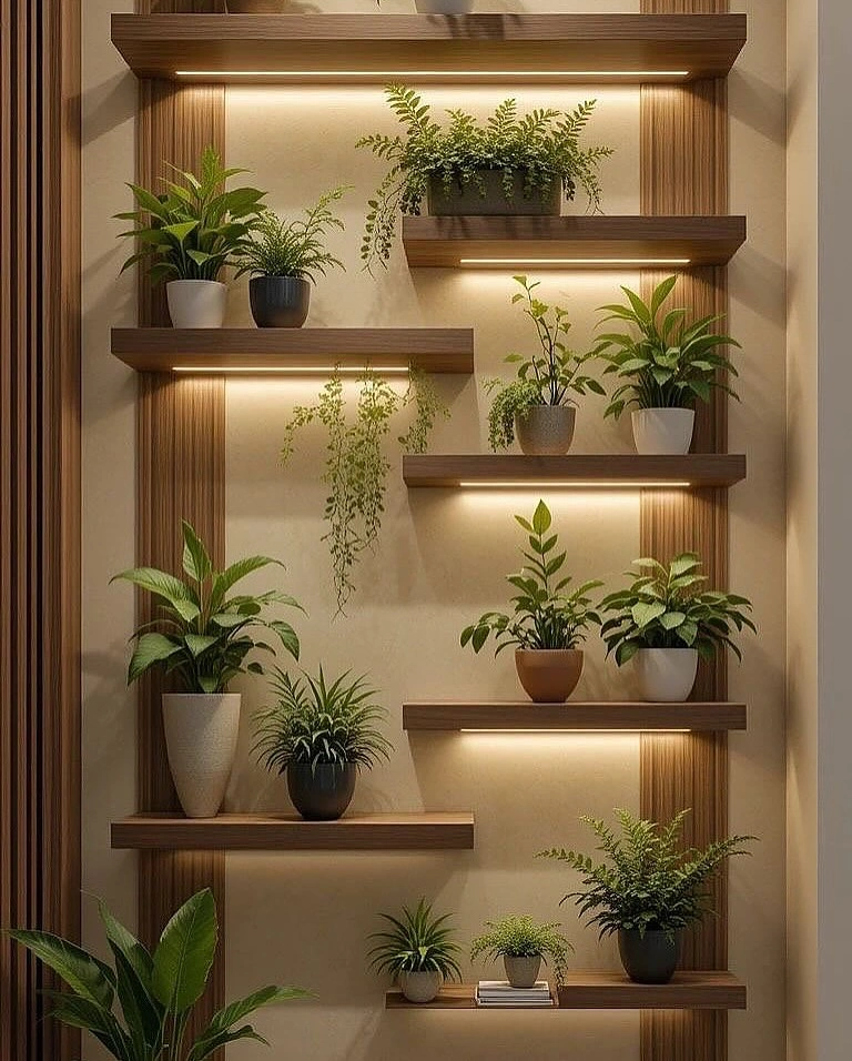 Staggered wooden floating shelves with LED lighting and potted green indoor plants