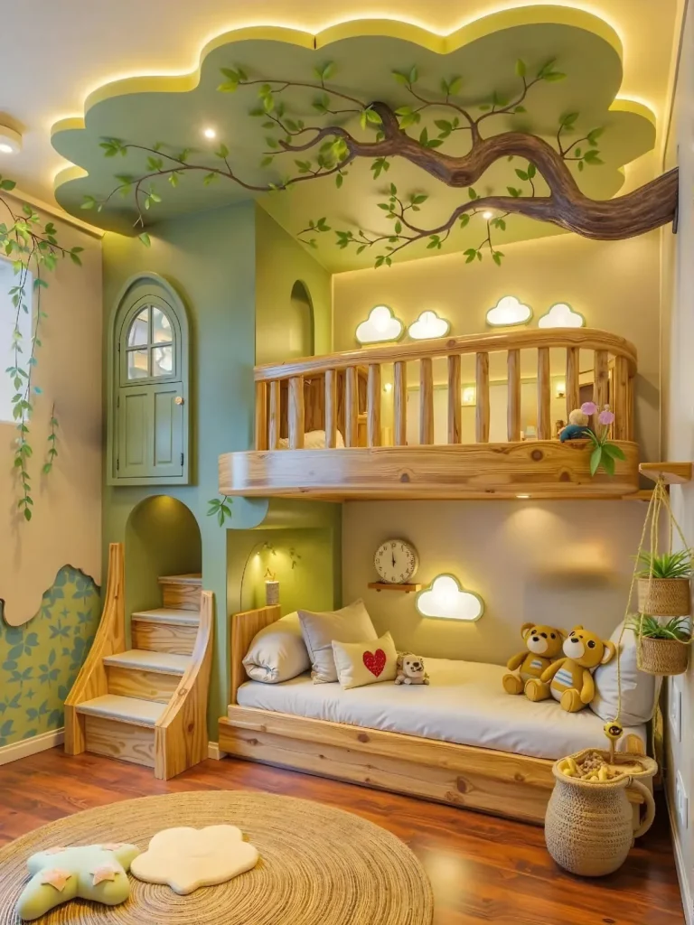 Fantasy treehouse-themed kids' bedroom with wooden bunk platform