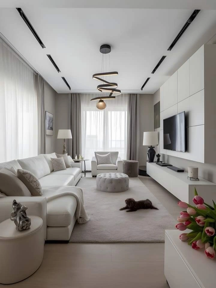 Clean modern white living room with large cream