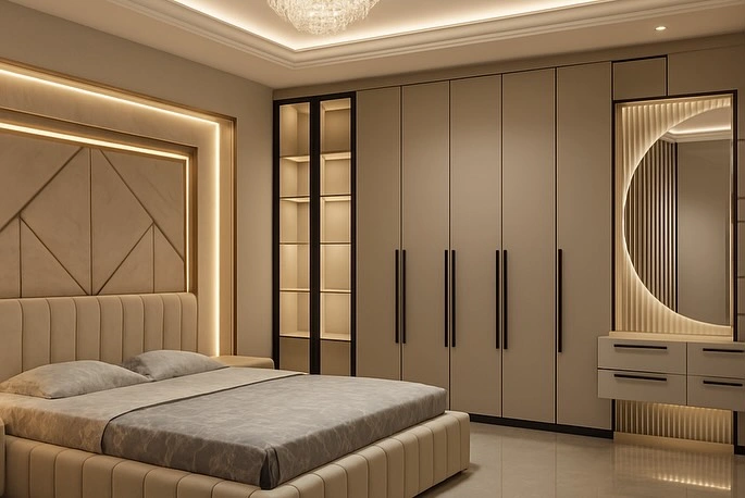 Elegant beige bedroom with taupe wardrobe, tufted headboard, and round backlit vanity mirror