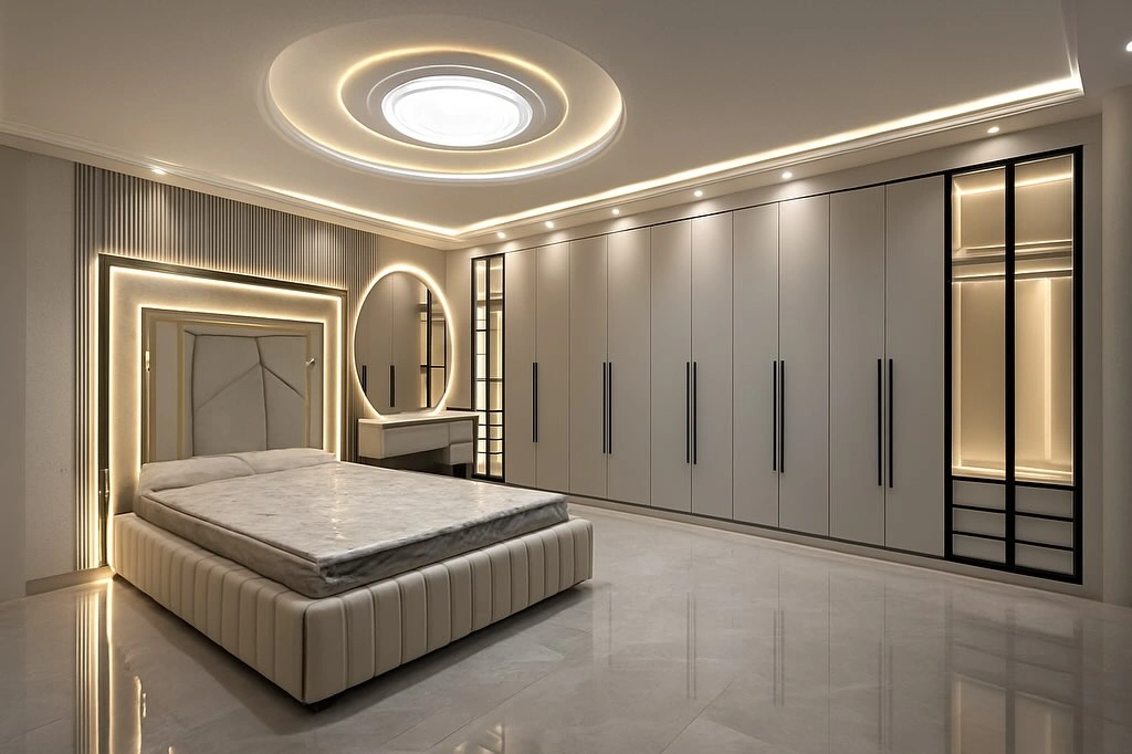 Luxury modern bedroom with LED circular ceiling, built-in white wardrobe