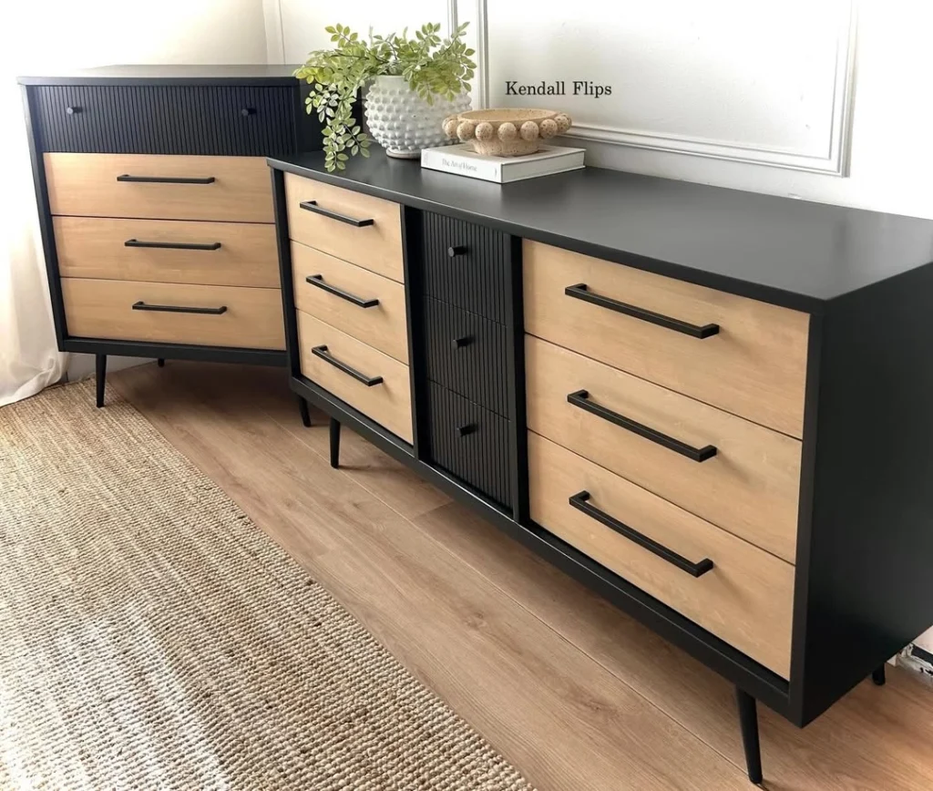 Two-tone mid-century dresser set in matte black and natural wood with bar pulls