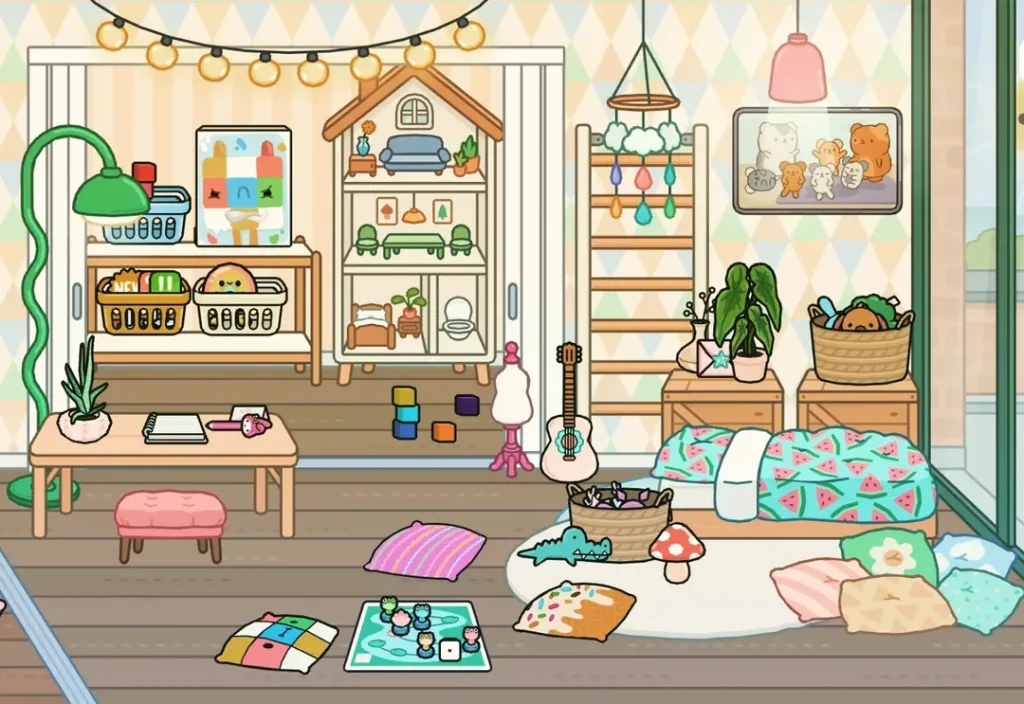 Illustrated Toca Boca-style kids' bedroom with watermelon-print bedding
