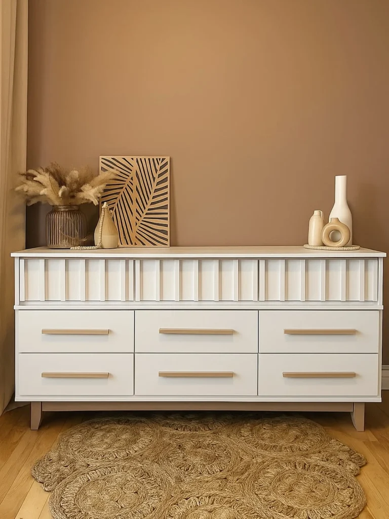 White six-drawer dresser with fluted detail and wooden handles against a warm tan wall
