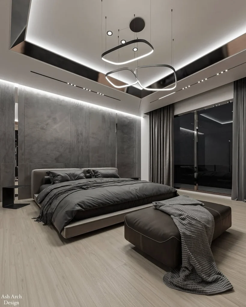 Contemporary grey bedroom with layered LED cove ceiling