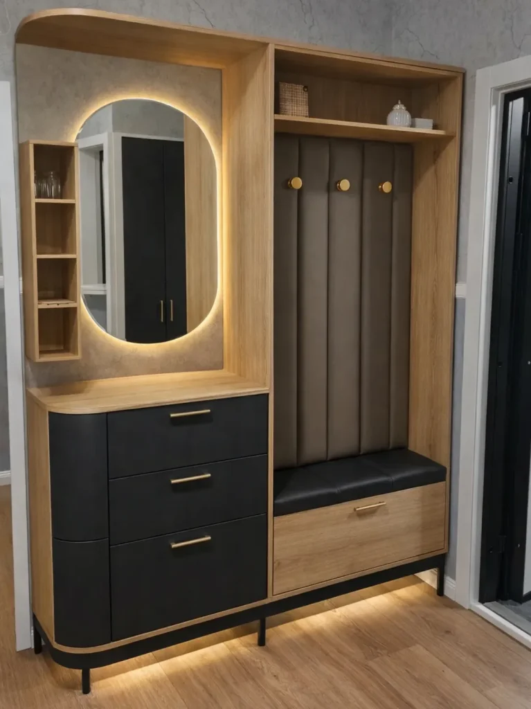 Modern oak and black entryway unit with backlit round mirror, coat hooks, and storage bench