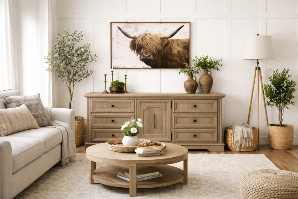  Farmhouse living room with light oak sideboard, round coffee table, and Highland cow wall art