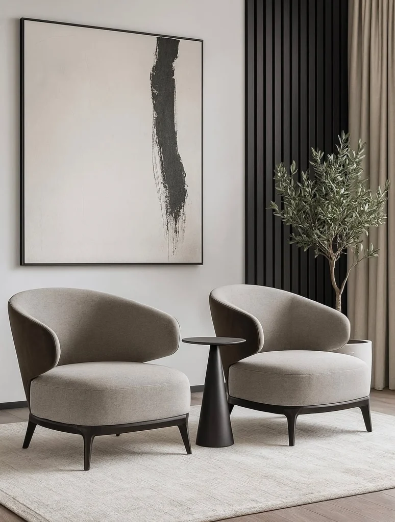 Pair of curved grey barrel chairs with black side table and abstract wall art