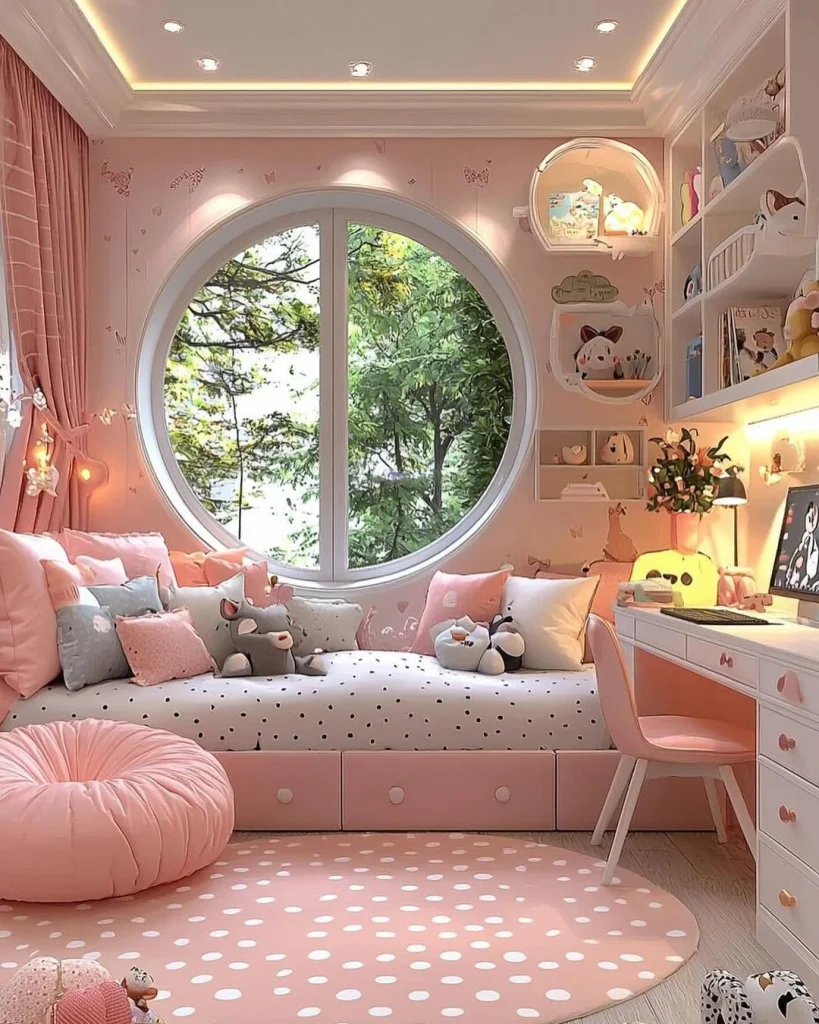 Pink girl's bedroom with circular window, polka dot rug, built-in day bed, and study desk