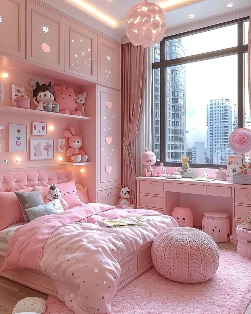 Minimalist pink loft bedroom with monochromatic stairs