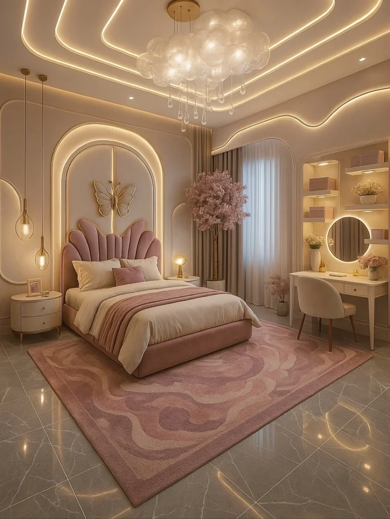 Luxury princess bedroom with pink scalloped velvet headboard