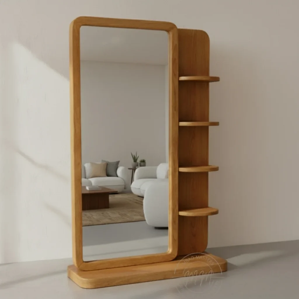 Solid oak rectangular mirror with integrated side shelves freestanding unit