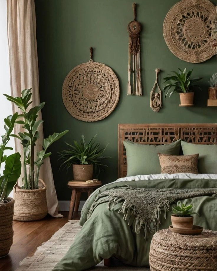 Sage green boho bedroom with carved wooden headboard