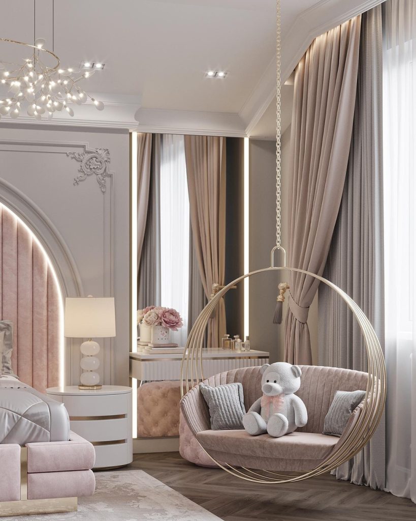 Pink glam bedroom with grey tufted bed, Hollywood vanity mirror, fluffy rug, and fairy lights