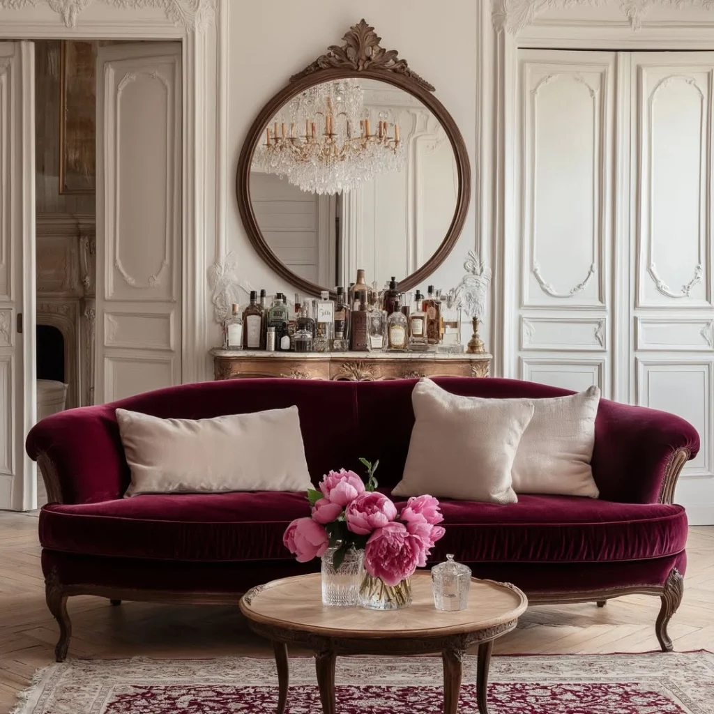 Burgundy room aesthetic with vintage velvet sofa and ornate mirror in white living room