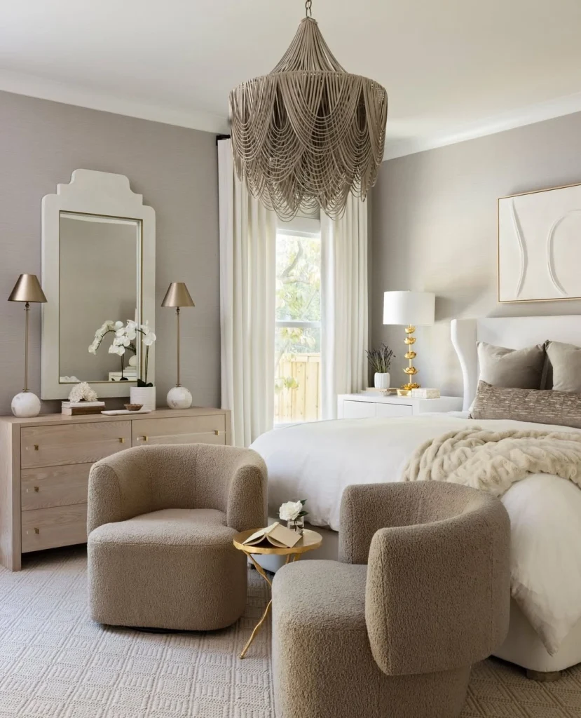 Pair of boucle taupe accent chairs at foot of bed in neutral master bedroom