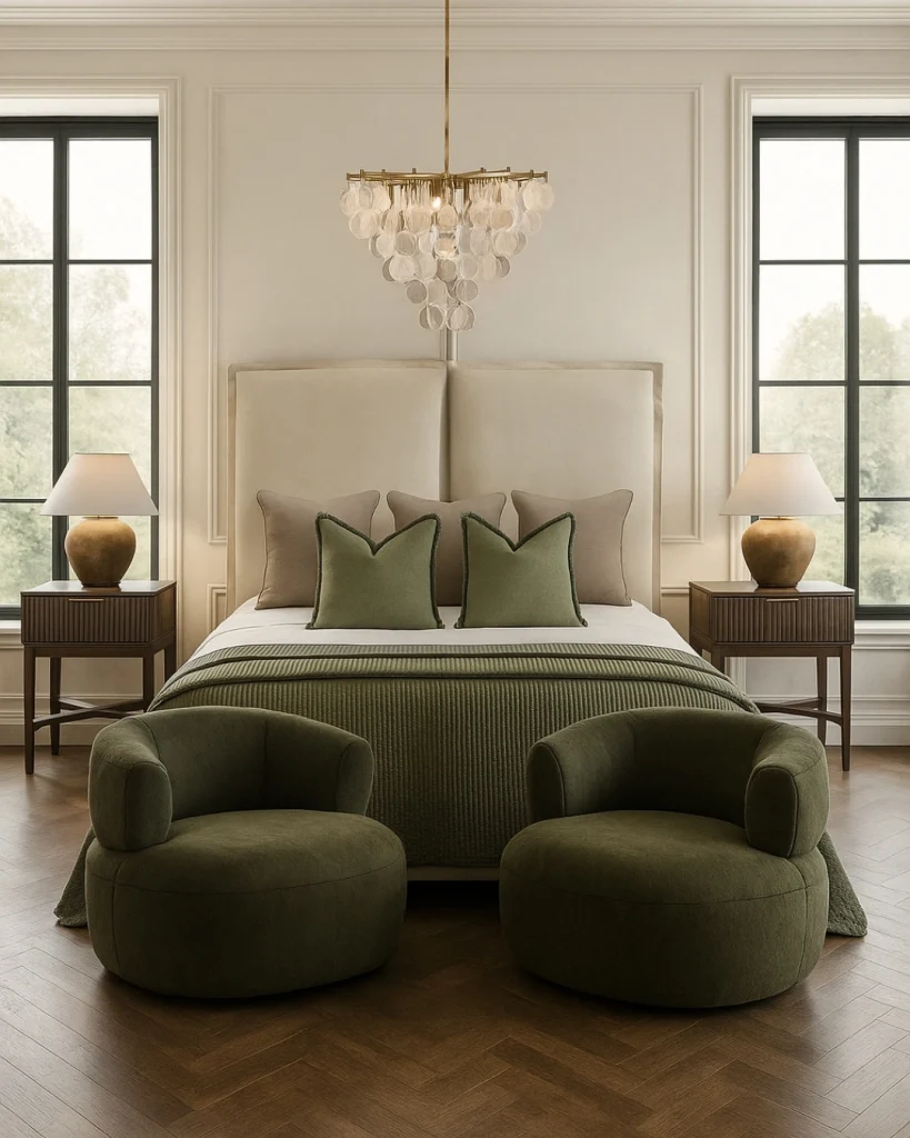 Olive green velvet barrel chair pair at foot of bed on herringbone parquet floor