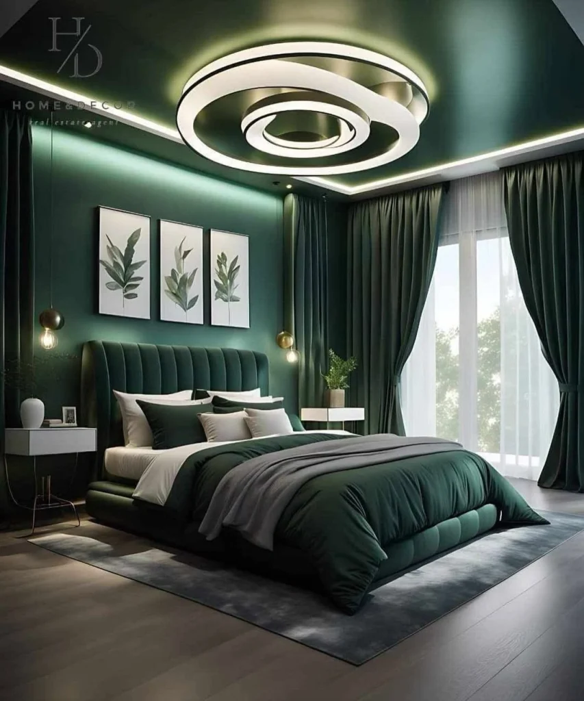 Contemporary emerald bedroom with sculptural circular LED ceiling fixture on a glossy green ceiling