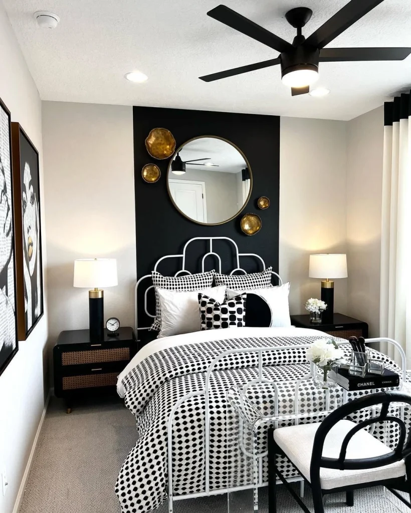 Luxurious matte black bedroom with white crown molding