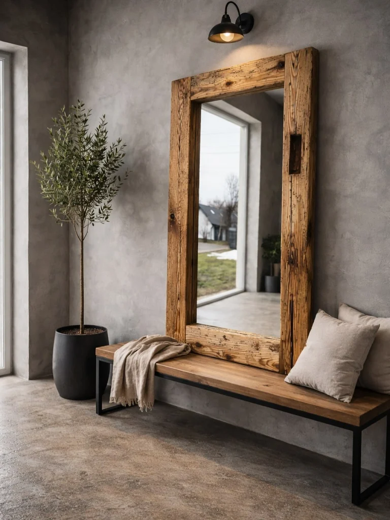 Reclaimed wood plank frame mirror leaning on concrete wall in industrial hallway
