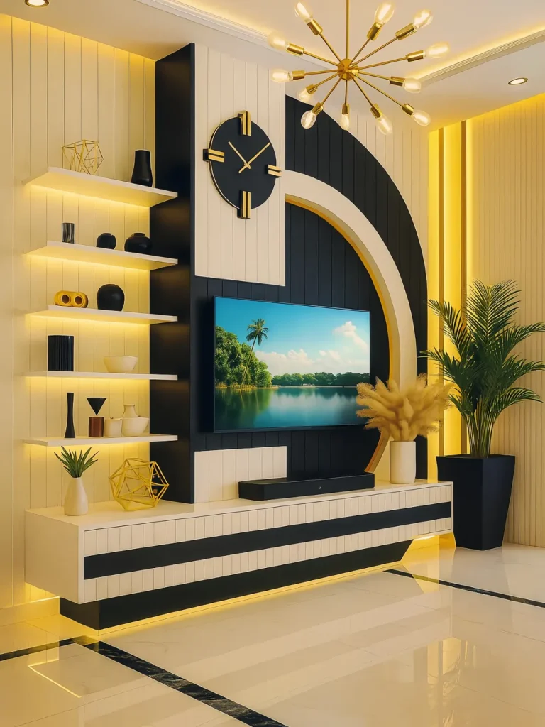 Bold black white and gold TV feature wall