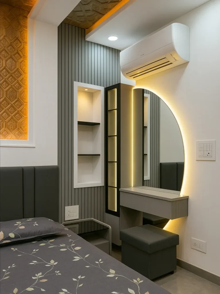 Grey bedroom corner with wall-mounted floating vanity
