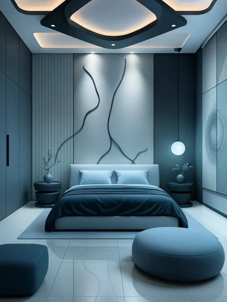 Dramatic all-blue moody bedroom with geometric ceiling