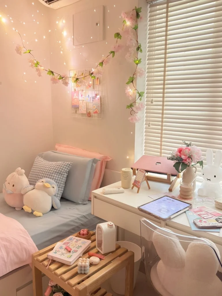Warm pink aesthetic bedroom with cherry blossom fairy lights