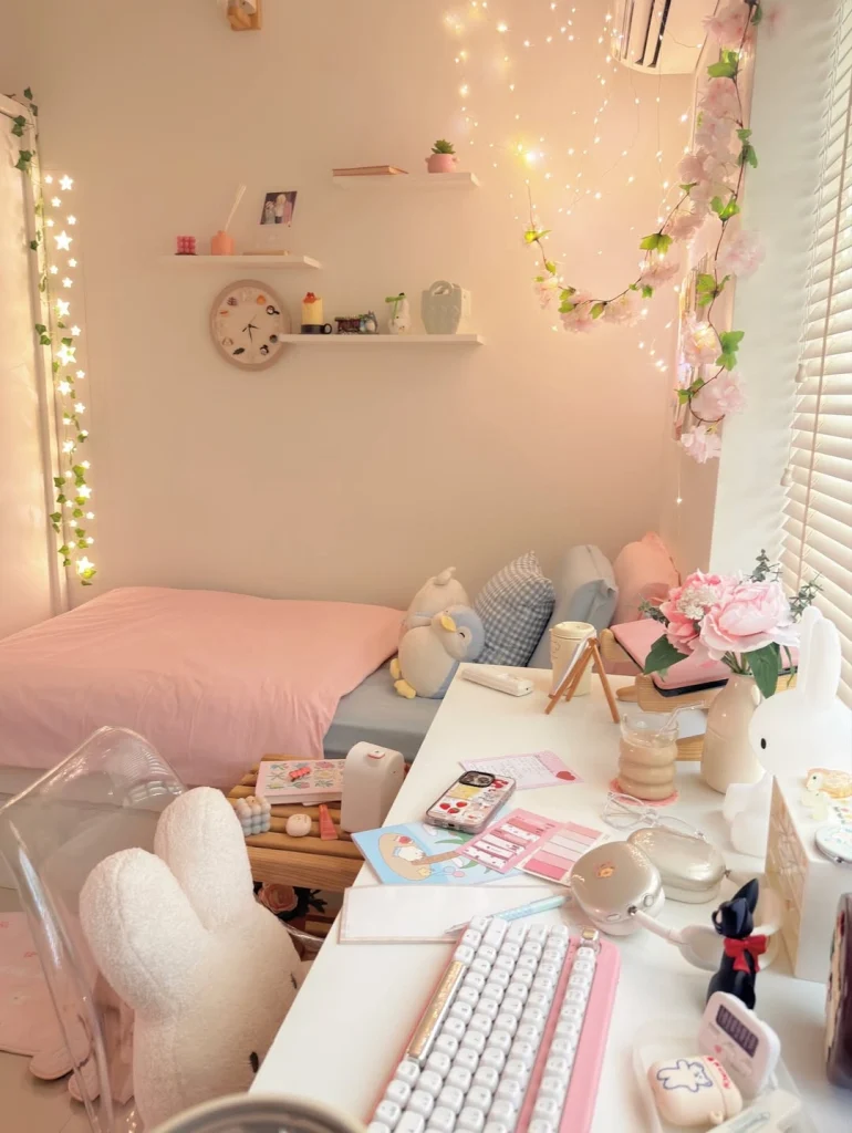 Pink aesthetic study corner with cherry blossom garland