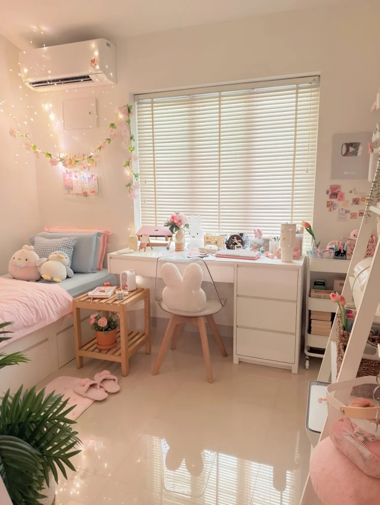 Kawaii pastel bedroom with white study desk, bunny chair, fairy lights, and cute plushies