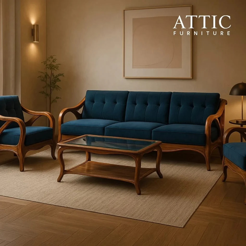 Wooden sofa set with navy blue velvet cushions and glass coffee table by Attic Furniture