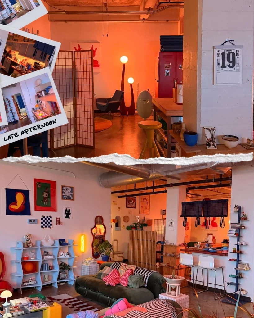 Late afternoon golden hour loft interior with warm orange ambient lighting