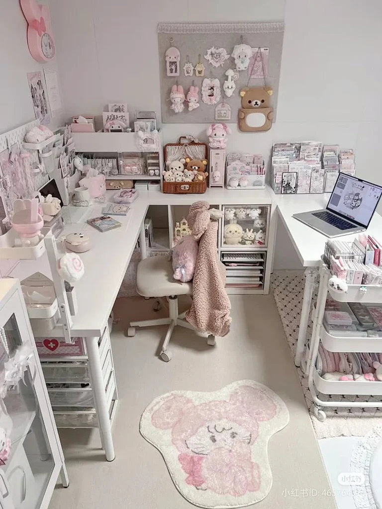 Aerial view of kawaii-style white desk setup decorated with pink Sanrio plushies