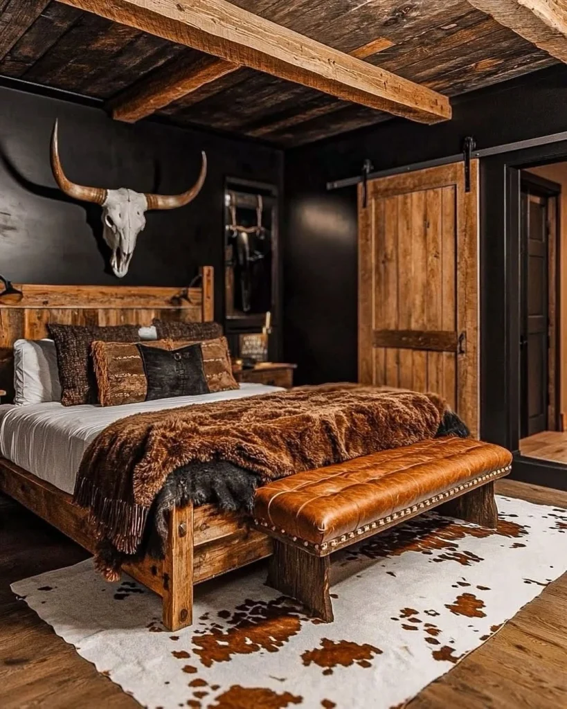 Dark dramatic western bedroom with black walls