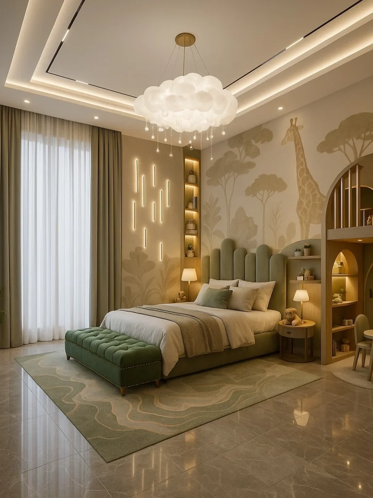 Magical children's large bedroom with safari giraffe mural