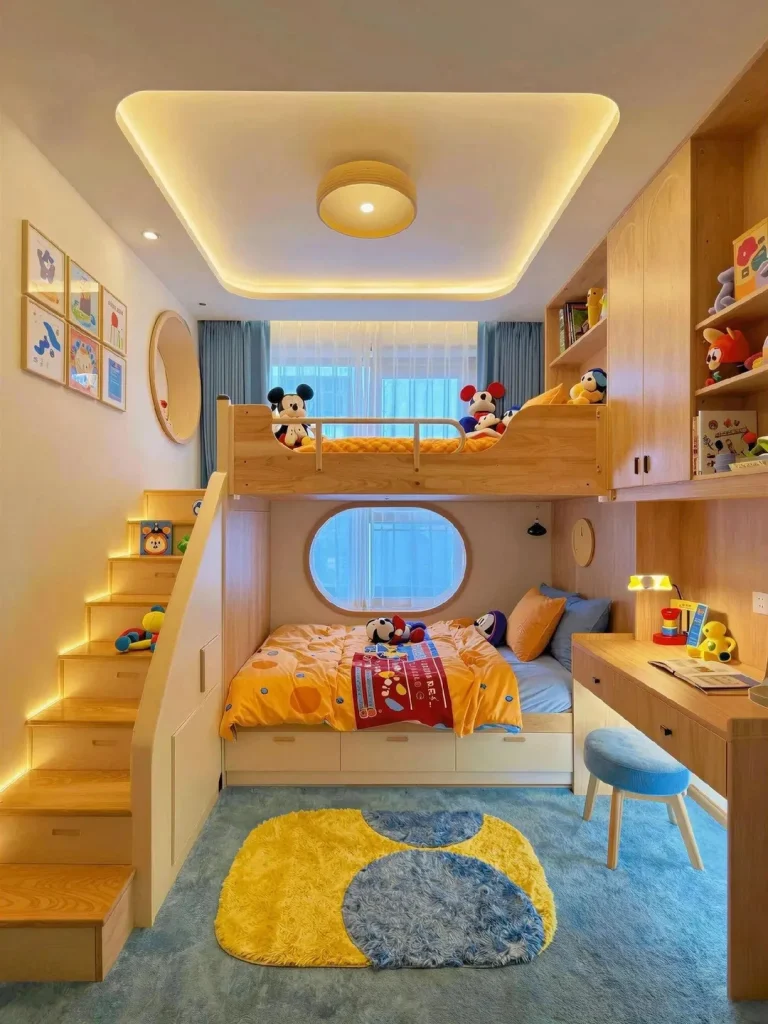 Disney-themed kids bunk bedroom with warm honey wood structure
