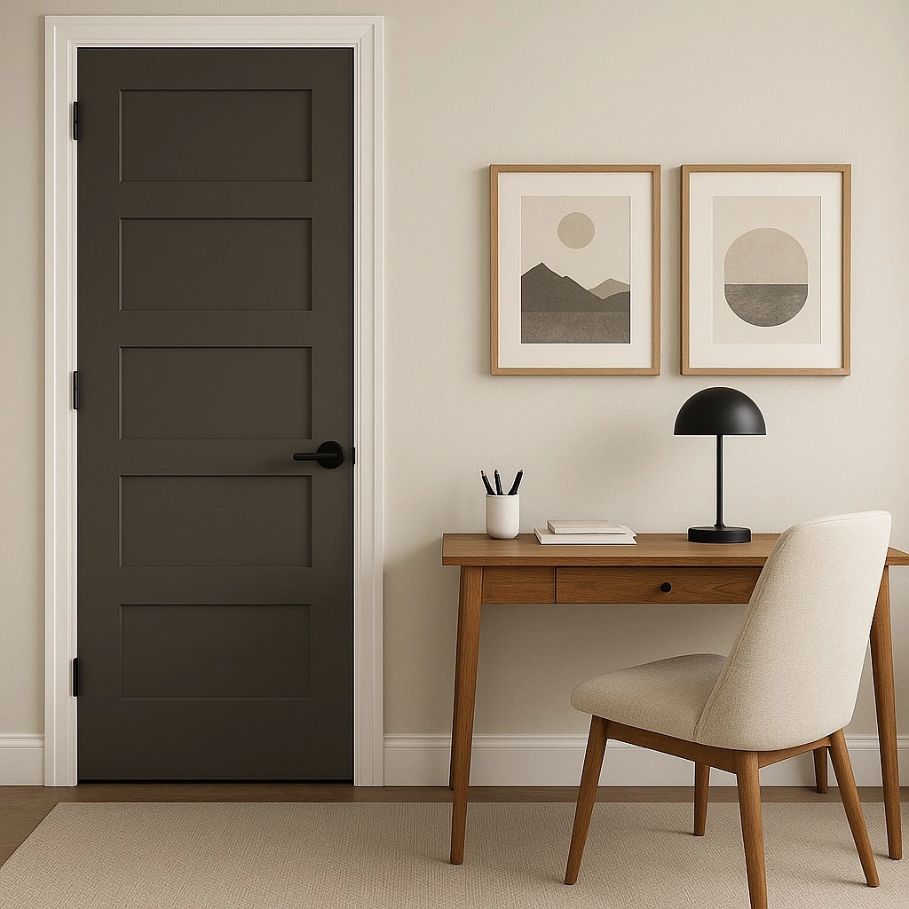 Dark brown five-panel bedroom door with white frame next to a mid-century wooden desk and neutral wall art